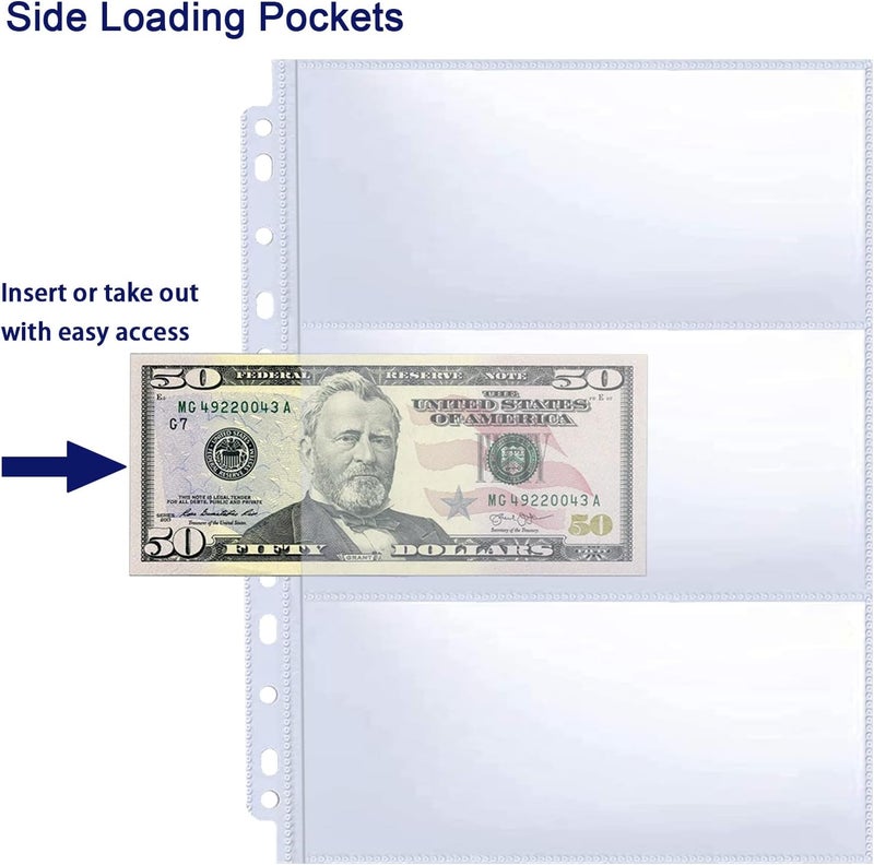 WITHYU 30 Pack 180 Pockets 11 Hole Currency Collection Sleeves, Cash Collecting Album Refill Page, Double Side 3 Pockets Currency Sheets for Collecting Dollar Bills, Paper Money, Foreign Currency and Coupons - Image 3